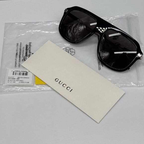 NEW GG1309S 005 UNISEX BLACK SILVER SHIELD SUNGLASSES GUCCI - Picture 12 of 13